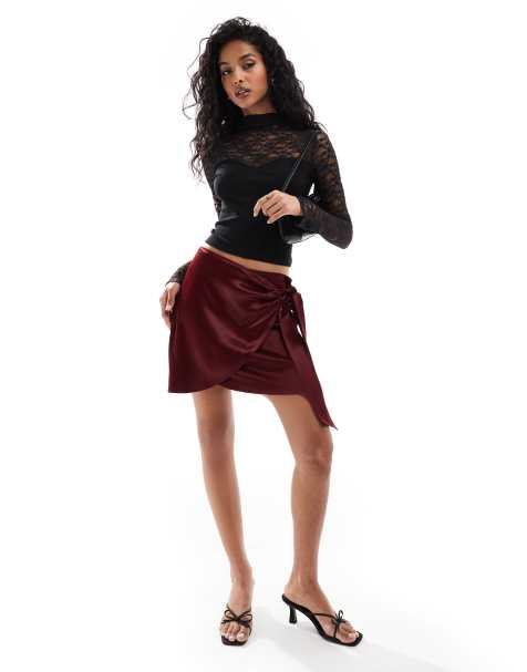 Miss Selfridge satin wrap skirt in burgundy - view 1