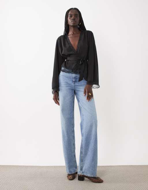 Miss Selfridge satin wrap top in black, 2 of 4