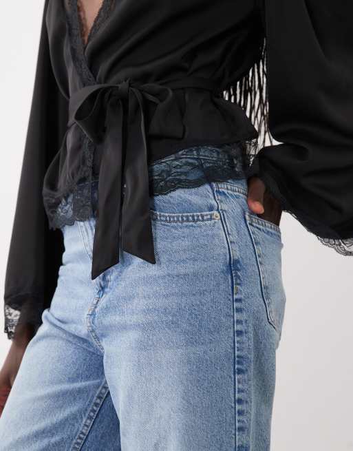Miss Selfridge satin wrap top in black, 3 of 4