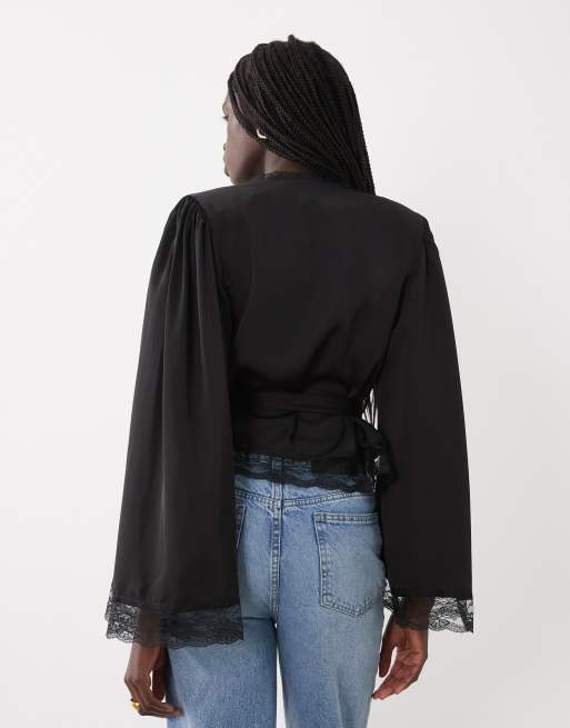 Miss Selfridge satin wrap top in black, 4 of 4