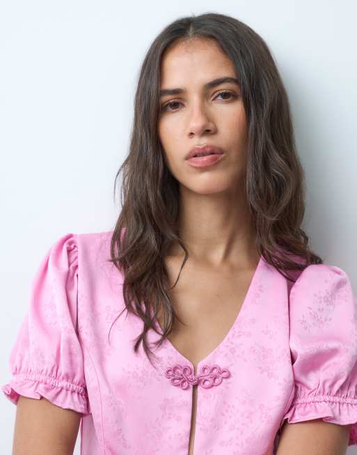 Miss Selfridge satinjacquard mandarininspirerad topp i rosa, 3 av 5