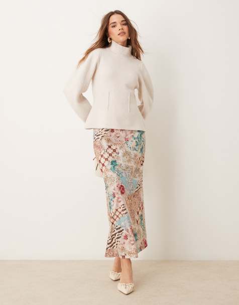 Miss Selfridge satin maxi skirt in patchwork print
