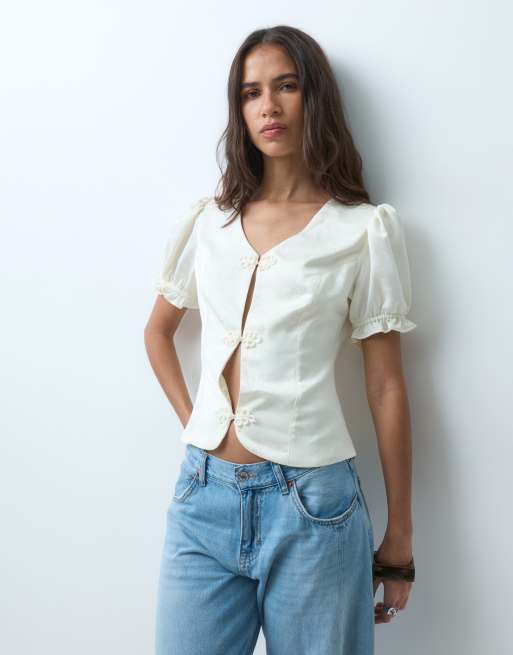 Miss Selfridge satynowy żakardowy top w stylu mandaryńskim, 2 z 5