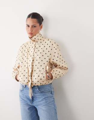 Miss Selfridge scallop detail windbreaker in choc polka dot