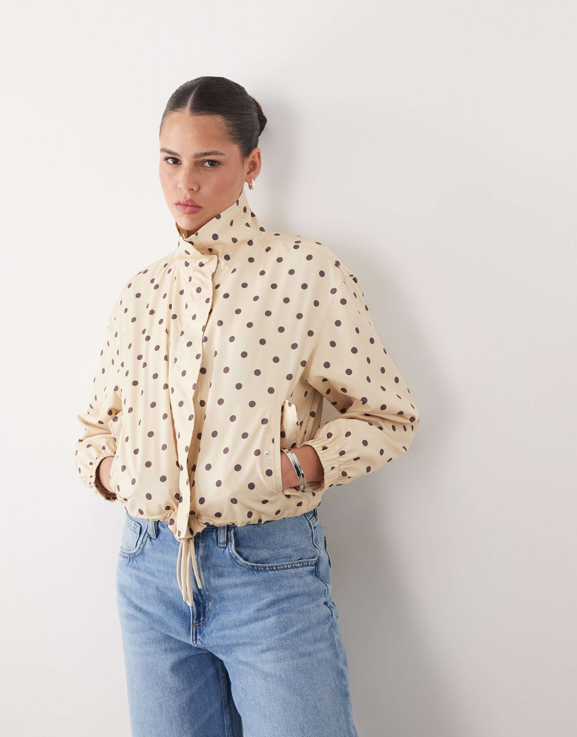miss selfridge scallop detail windbreaker in choc polka dot