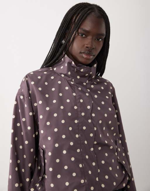 Miss Selfridge scallop detail windbreaker in chocolate polka dot, 3 of 4