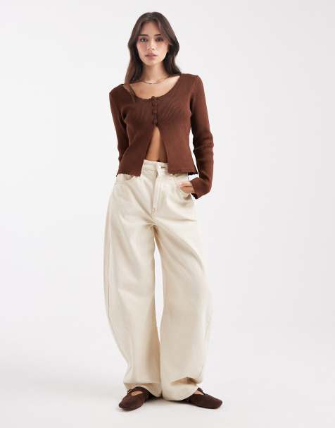 Miss Selfridge scallop edge knit top in chocolate - view 1
