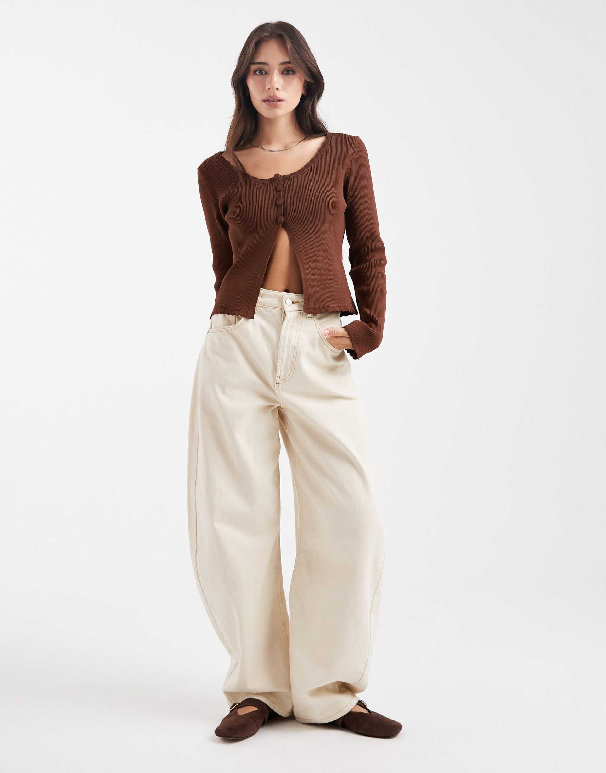 miss selfridge scallop edge knit top in chocolate