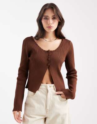Miss Selfridge Scallop Edge Knit Top In Brown