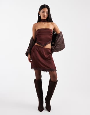 Miss Selfridge scallop edge mini skirt co-ord in chocolate-Brown