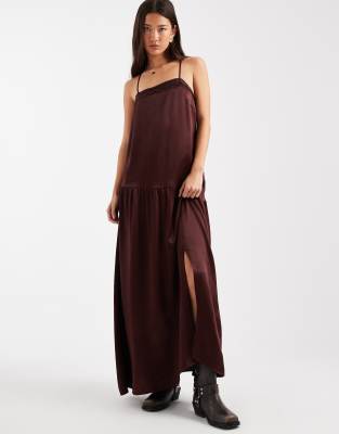 Miss Selfridge Scallop Edge Satin Maxi Dress In Brown