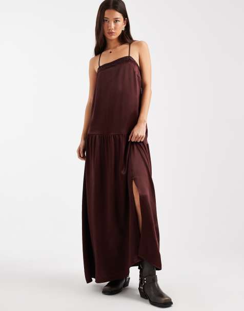 Miss Selfridge scallop edge satin maxi dress in chocolate - view 1