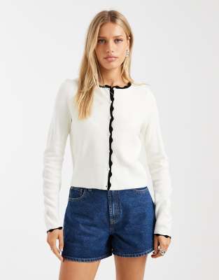 Miss Selfridge scalloped edge cardigan in cream with black tipping