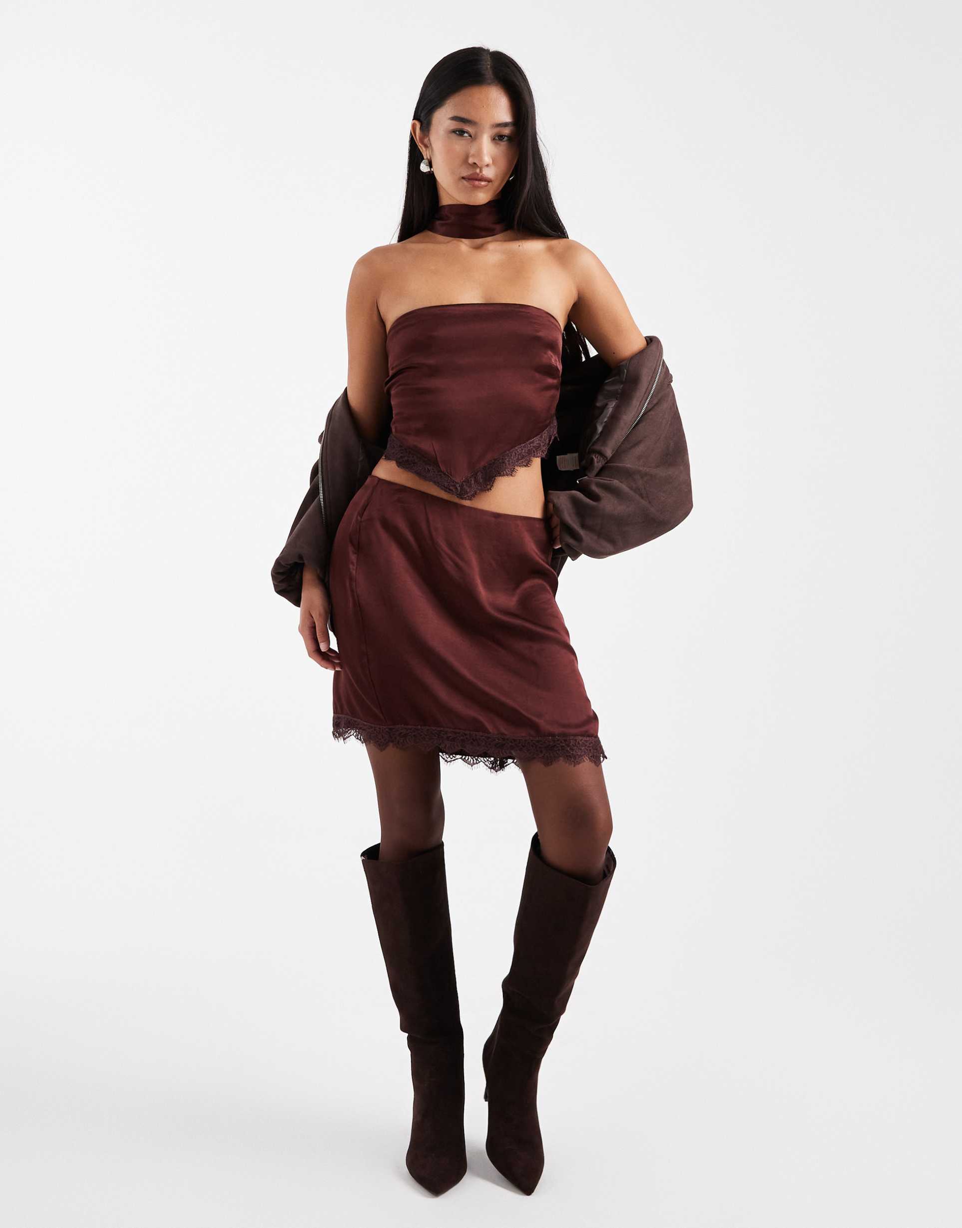 miss selfridge scalloped edge mini skirt in chocolate - part of a set