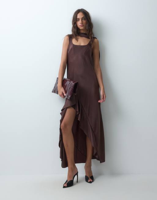 Miss Selfridge scarf detail ruffle maxi dress in chocolate, 2 of 5