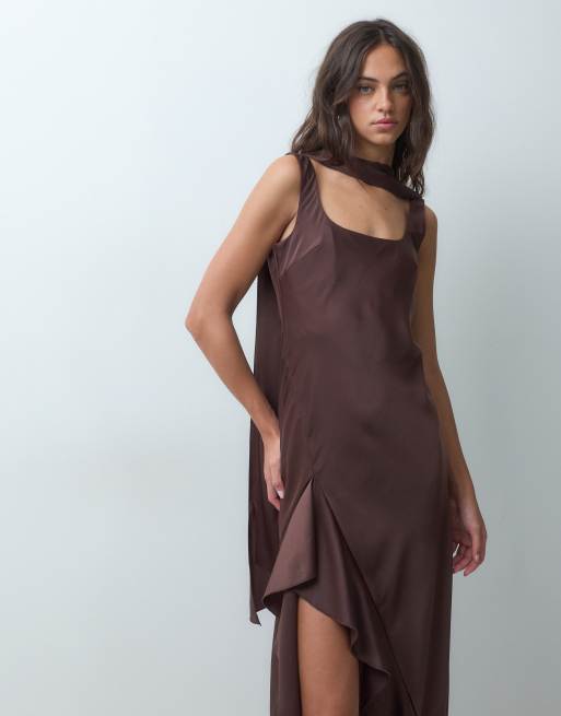 Miss Selfridge scarf detail ruffle maxi dress in chocolate, 5 of 5