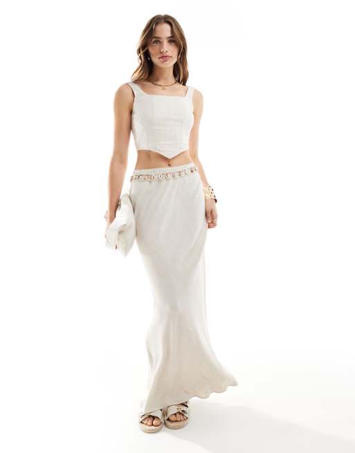 Miss Selfridge - Schuingesneden maxirok van linnenmix in naturel
