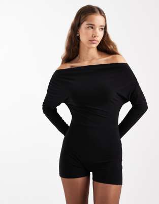 Miss Selfridge - Schulterfreier, langärmliger Playsuit-Schwarz