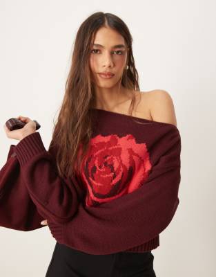 Miss Selfridge - Schulterfreier, lockerer Strickpullover mit Rosenmotiv-Rot