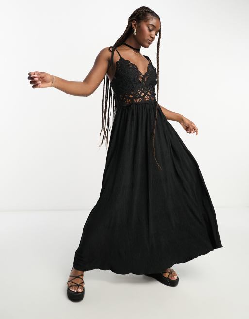 Miss Selfridge – Schwarzes Maxikleid mit Spitze und gebundenen Trägern 