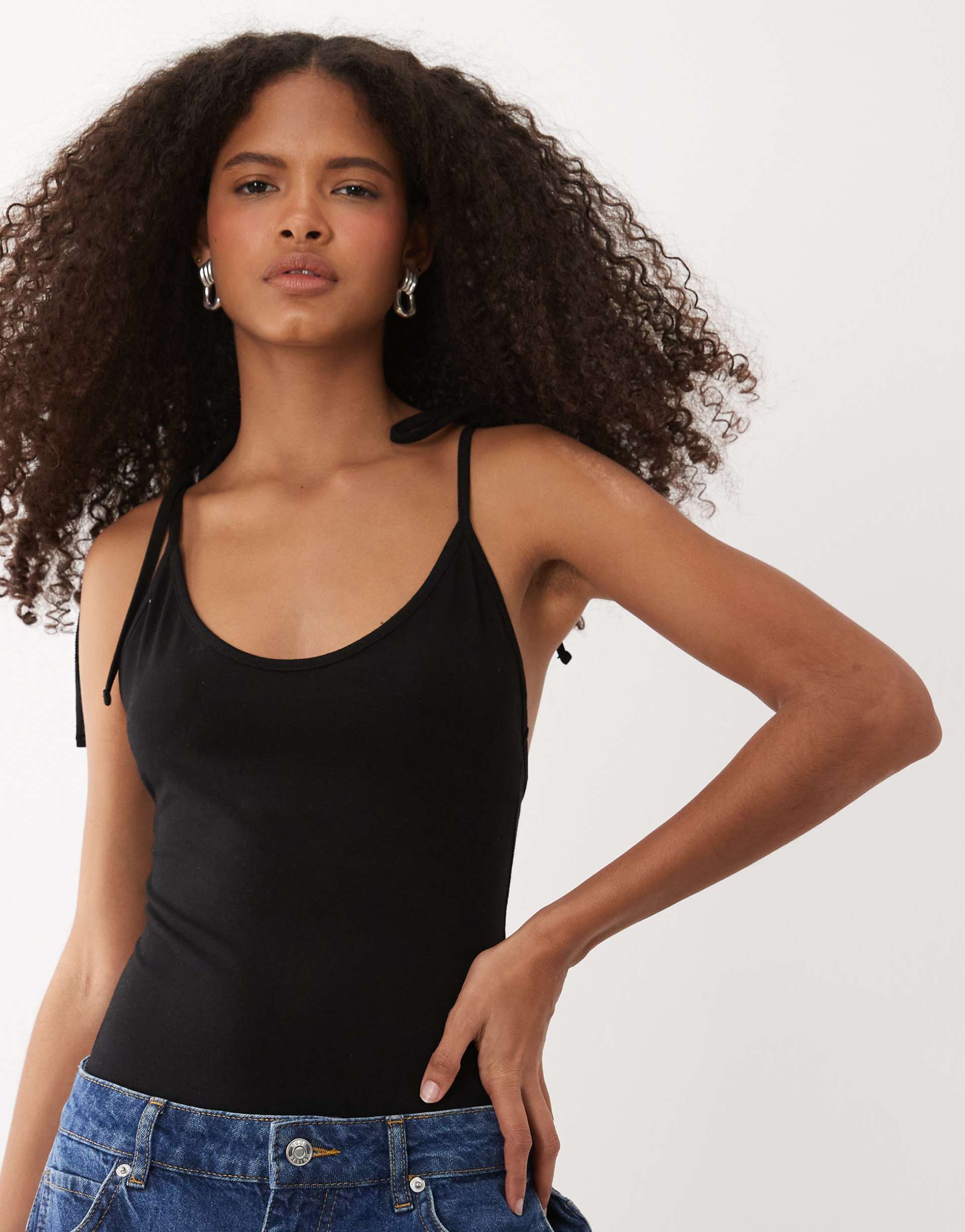 miss selfridge scoop back bodysuit with tie straps in black