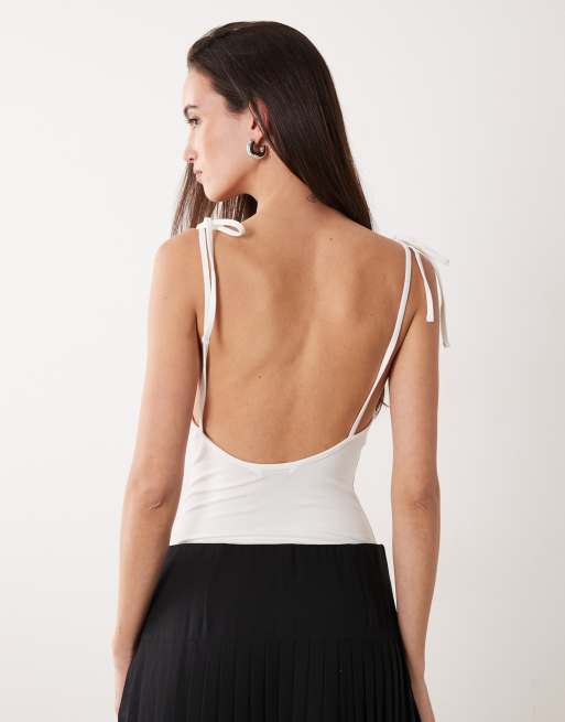 Miss Selfridge scoop back bodysuit with tie straps in white, 4 of 4