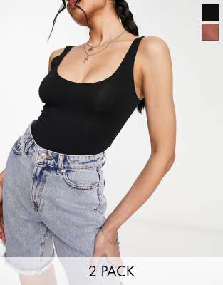 scoop bodysuit 2 pack in black and mocha-Multi