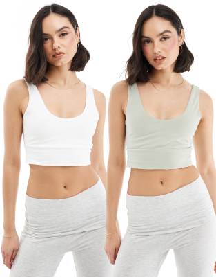 Miss Selfridge scoop bralette 2 pack in white and sage-Multi