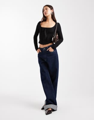 Miss Selfridge Scoop Front Corset Top With Lace Trims-black In Black