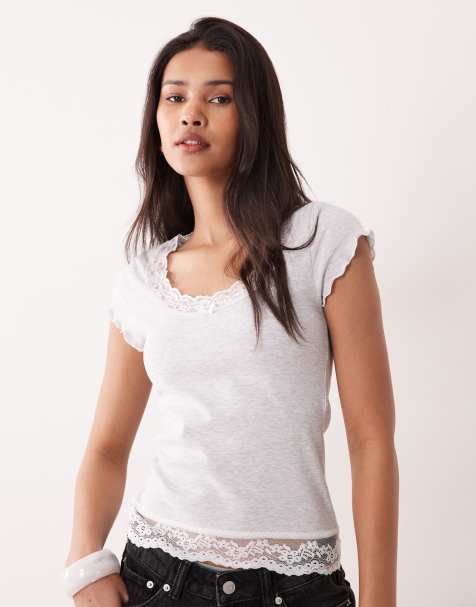 Miss Selfridge scoop neck fitted rib top with lace trim in grey marl