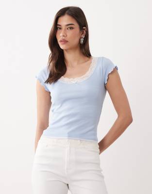 Miss Selfridge Scoop Neck Fitted Rib Top With Lace Trim In Blue