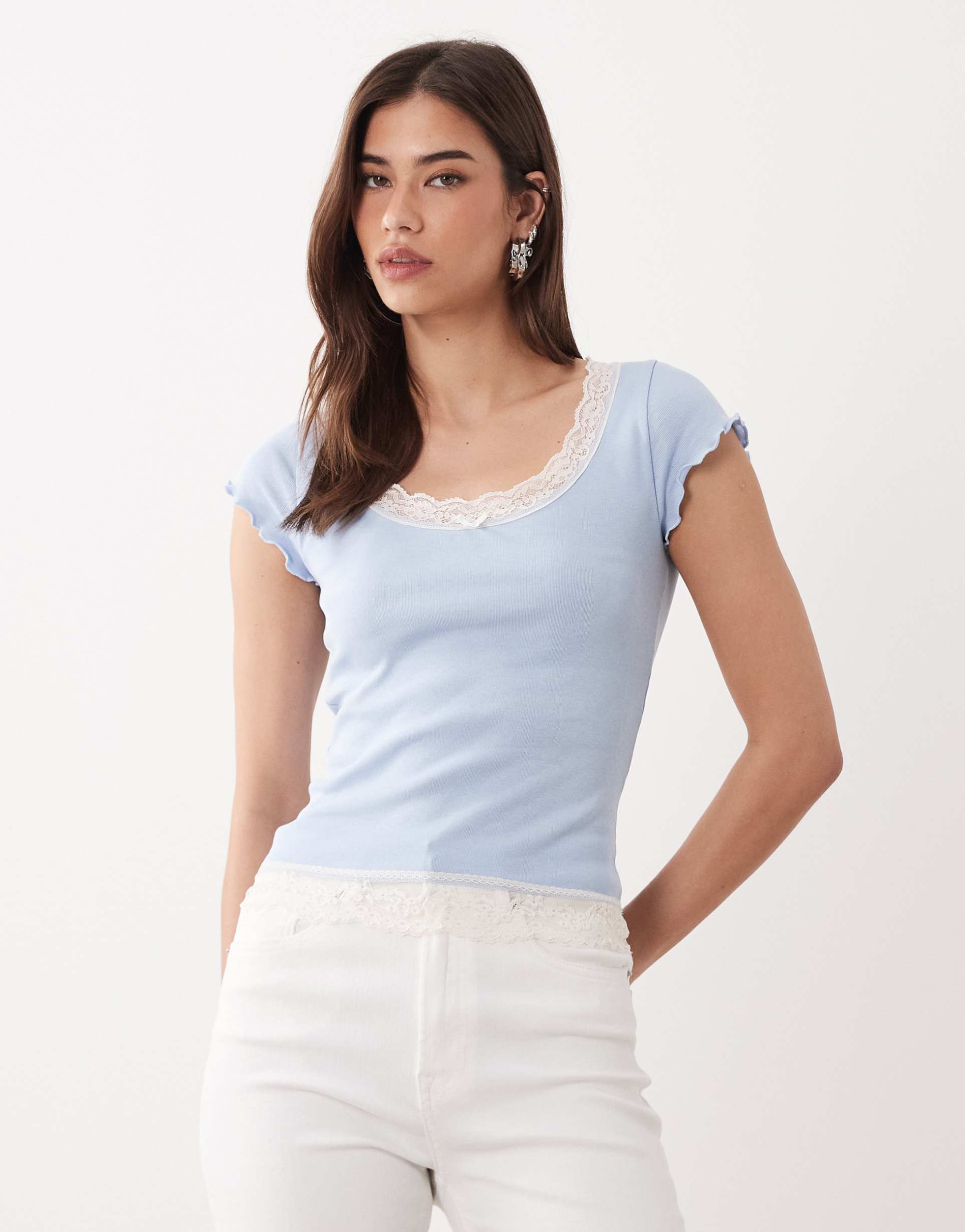 miss selfridge scoop neck fitted ribbed top with lace trim in light blue
