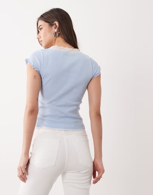 Miss Selfridge scoop neck fitted ribbed top with lace trim in light blue, 4 of 4