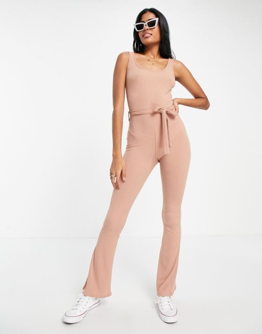 Miss Selfridge scoop neck rib tie waist jumpsuit in taupe