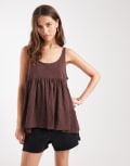 [Miss Selfridge] Miss Selfridge scoop neck swing top in chocolate slub-Brown XS Chocolate