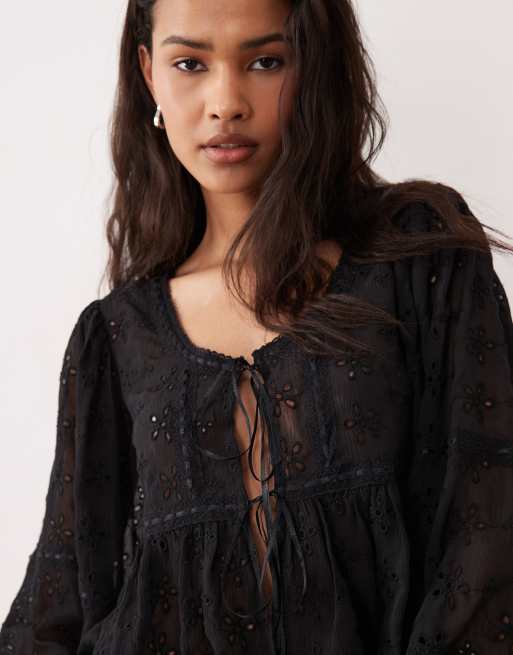 Miss Selfridge scoop neck tie front blouse in black, 3 of 4