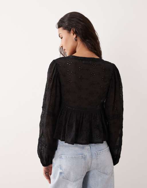 Miss Selfridge scoop neck tie front blouse in black, 4 of 4