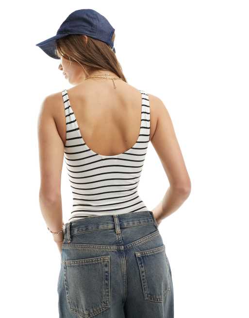 Miss Selfridge scoop striped bodysuit in black and white ASOS