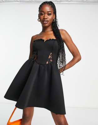 Miss Selfridge Scuba Lace Trim Bandeau Mini Dress In Black