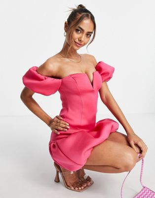 Miss Selfridge scuba plunge neck bandeau mini dress in hot pink - ASOS Price Checker