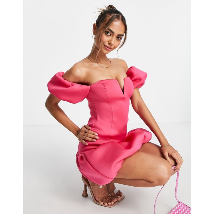 Bright Pink Scuba Ruffle Mini Bodycon Dress
