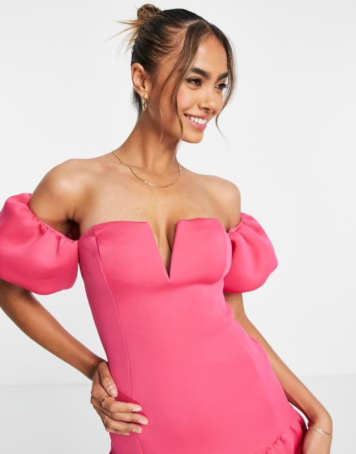 Bright Pink Scuba Ruffle Mini Bodycon Dress