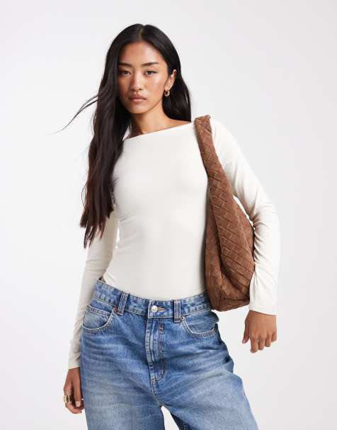 Miss Selfridge sculpted boat neck bodysuit in cream - view 1