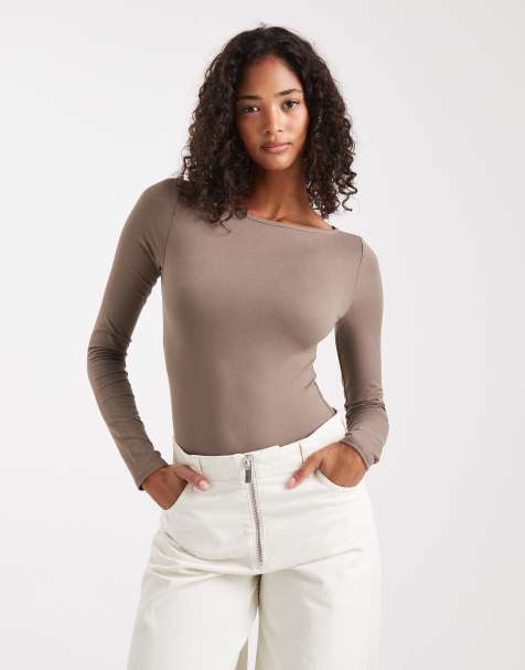 Miss Selfridge sculpted boat neck bodysuit in mushroom - view 1