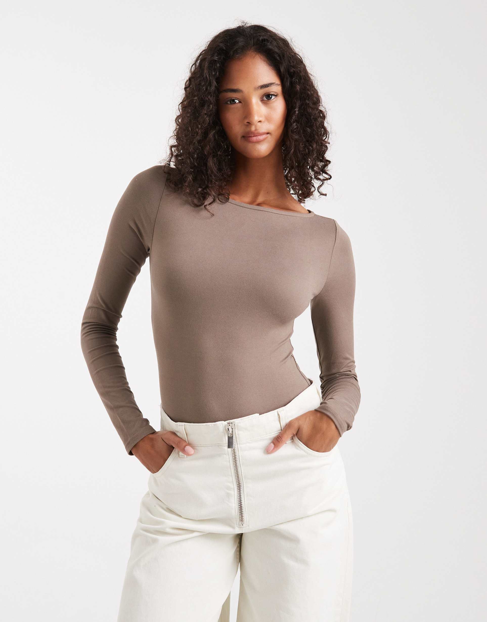 miss selfridge sculpted boat neck bodysuit in mushroom