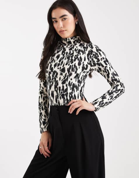 Miss Selfridge sculpted grown on neck bodysuit in animal print - view 1