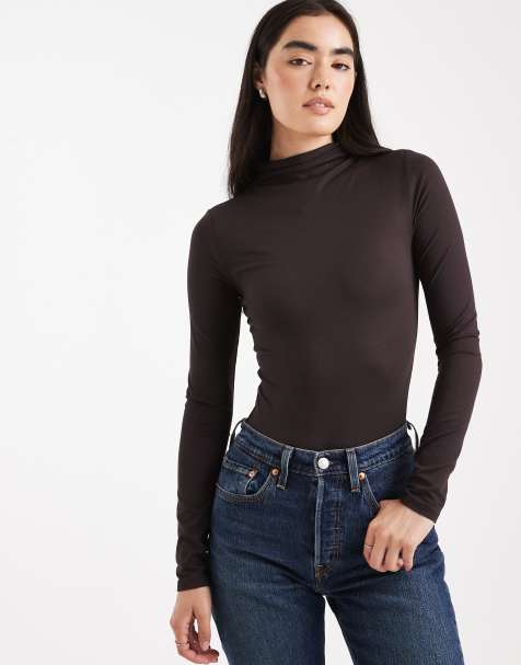 Miss Selfridge sculpted grown on neck bodysuit in chocolate - view 1