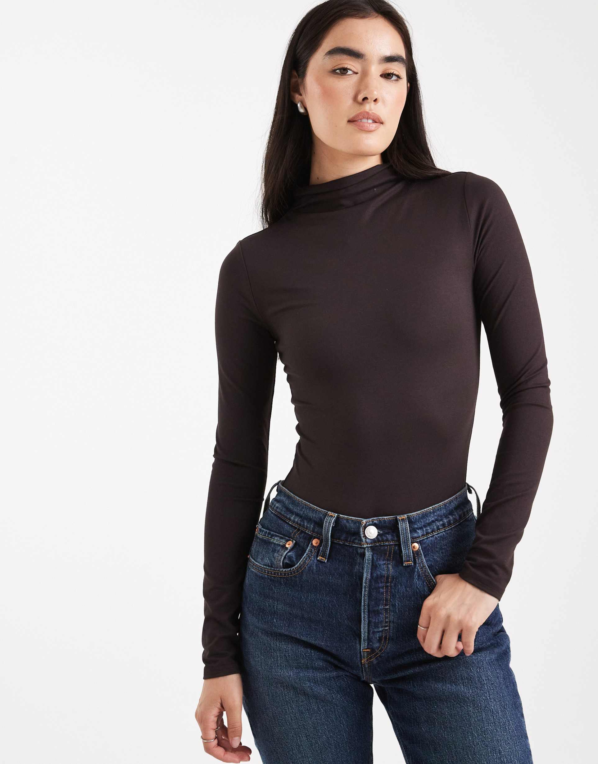 miss selfridge sculpted grown on neck bodysuit in chocolate