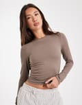 [Miss Selfridge] Miss Selfridge sculpted long sleeve tee in mushroom-Neutral 8 Mushroom
