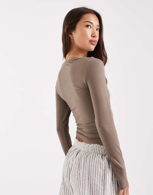 Miss Selfridge sculpted long sleeve tee in mushroom, 4 of 4